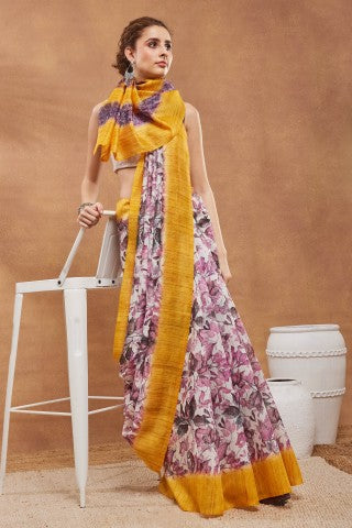 Yellow Color Floral Printed Silk Blend Ready to Wear Saree
