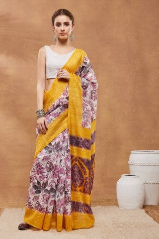 Yellow Floral Printed Silk Blend Party Wear Saree
