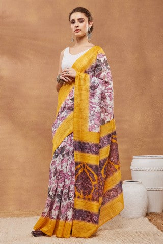 Yellow Floral Printed Silk Blend Party Wear Saree