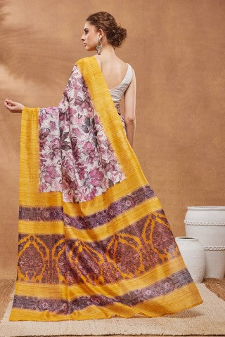 Yellow Floral Printed Silk Blend Party Wear Saree