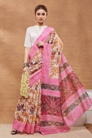 Pink Floral Printed Silk Blend Party Wear Saree