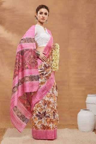 Pink Floral Printed Silk Blend Party Wear Saree
