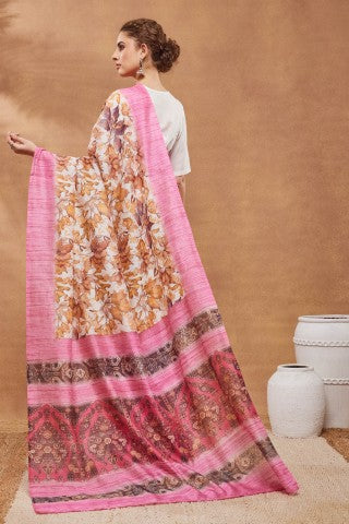 Pink Floral Printed Silk Blend Party Wear Saree