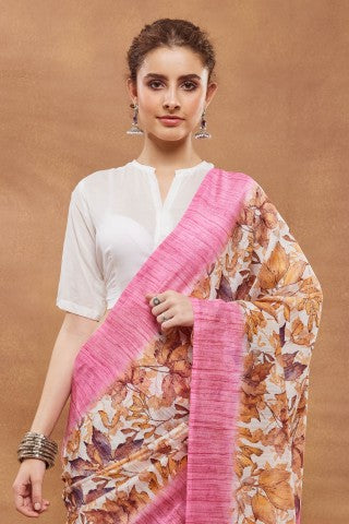 Pink Floral Printed Silk Blend Party Wear Saree