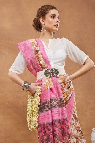 Pink Floral Printed Poly Chiffon Designer Saree