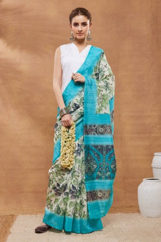 Sky Blue Floral Printed Silk Blend Party Wear Saree