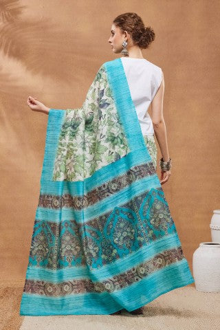 Sky Blue Floral Printed Silk Blend Party Wear Saree