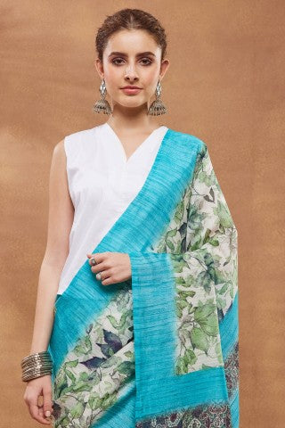 Sky Blue Floral Printed Silk Blend Party Wear Saree