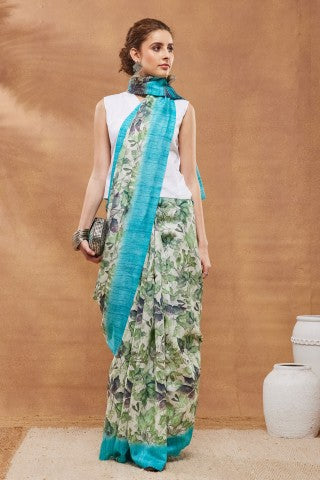 Sky Blue Floral Printed Silk Blend Party Wear Saree