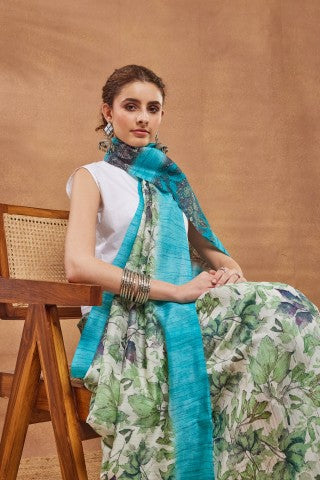 Sky Blue Floral Printed Silk Blend Party Wear Saree