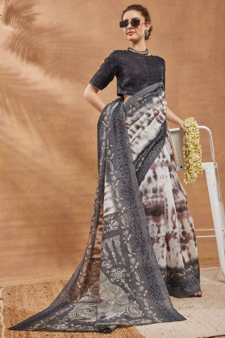 Grey Color Abstract Printed Silk Blend Designer Saree