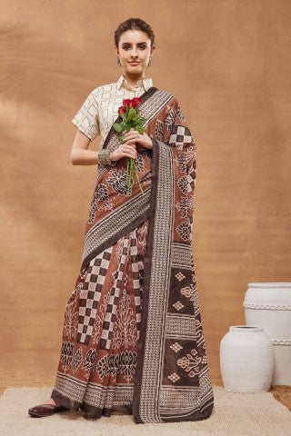 Brown Checked Printed Silk Blend Ready to Wear Saree