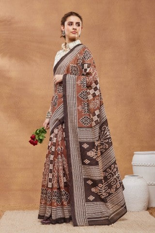Brown Checked Printed Silk Blend Ready to Wear Saree