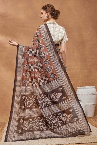 Brown Checked Printed Silk Blend Ready to Wear Saree