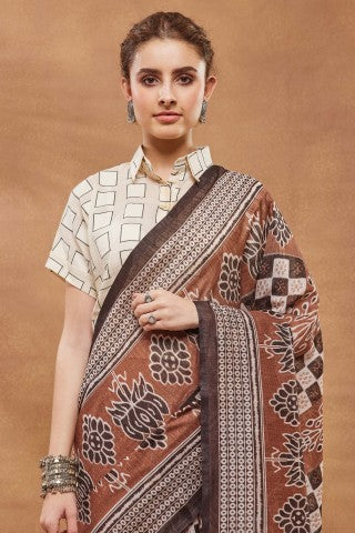 Brown Checked Printed Silk Blend Ready to Wear Saree