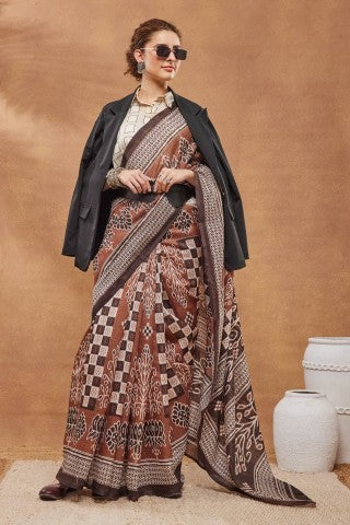 Brown Checked Printed Silk Blend Ready to Wear Saree