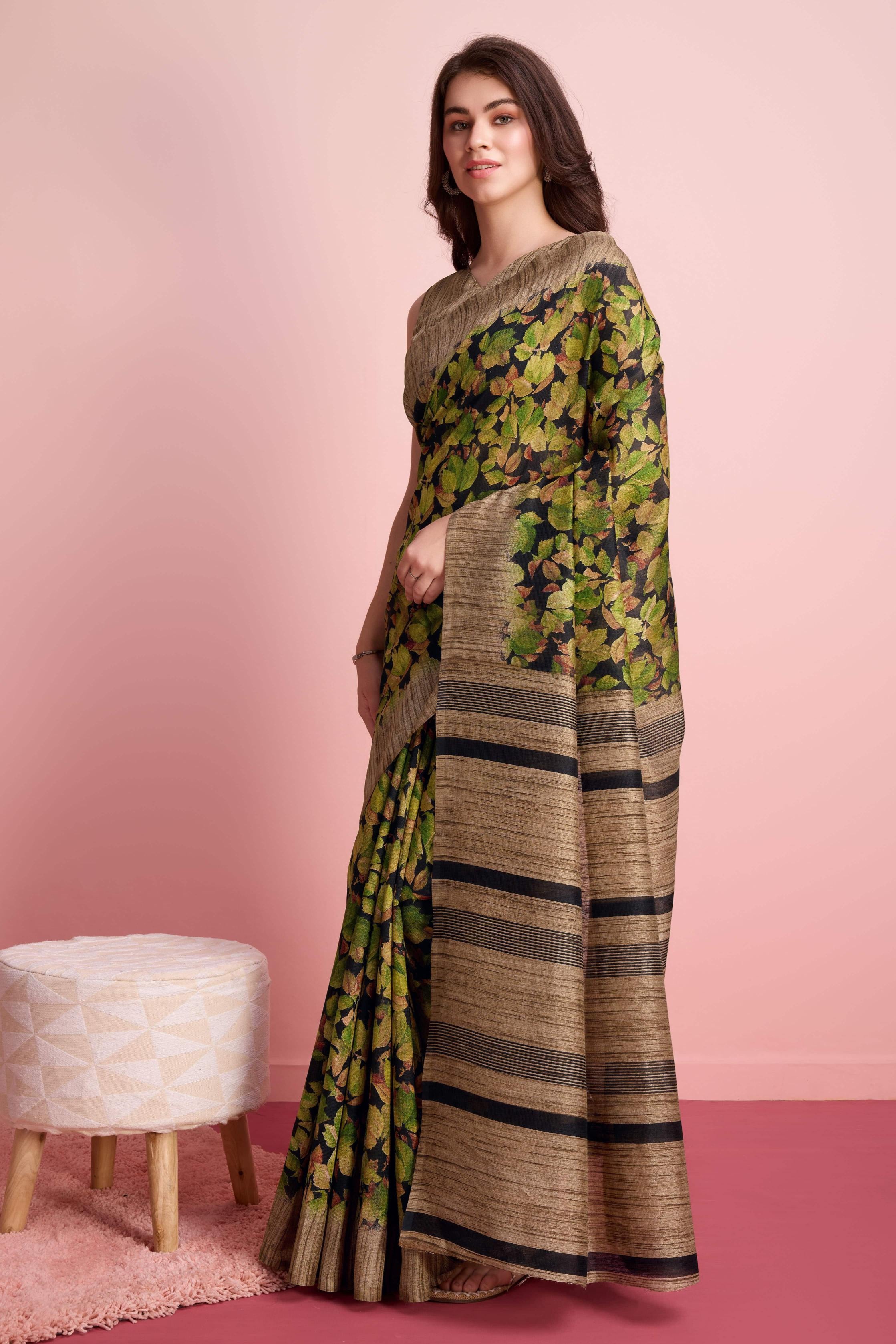 Abstract Floral Prints Cotton Silk Saree