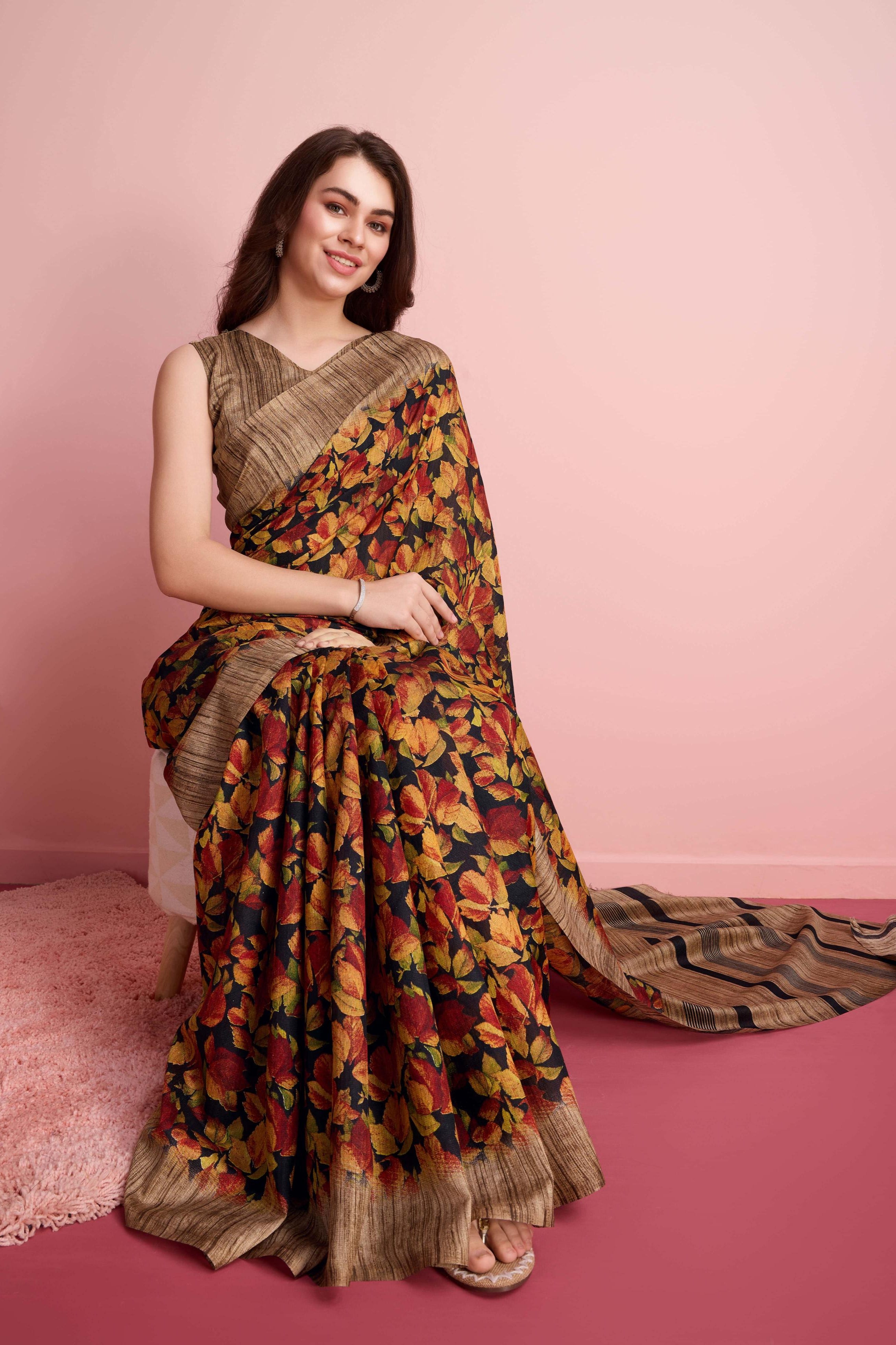 Abstract Floral Prints Cotton Silk Saree
