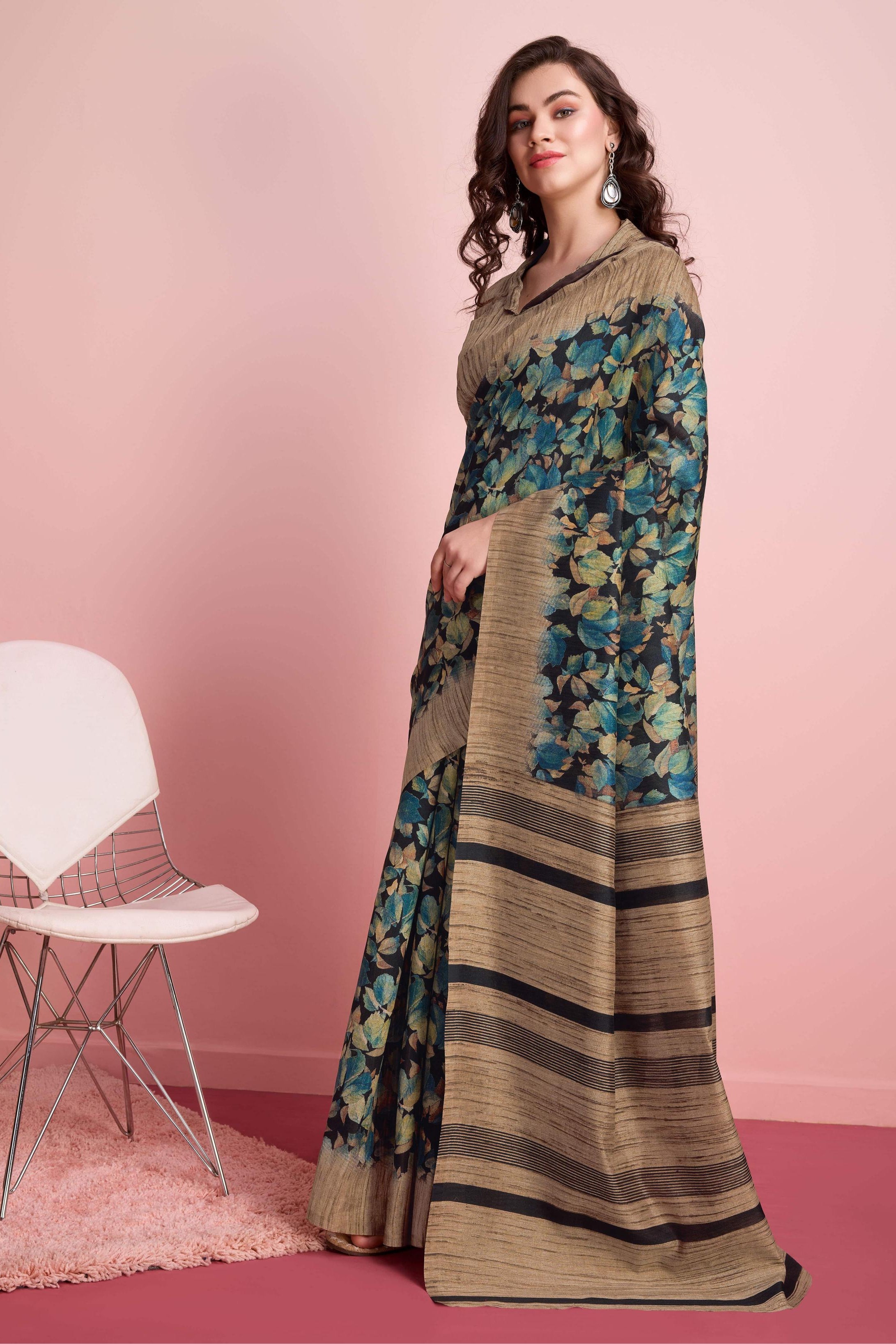 Abstract Floral Prints Cotton Silk Saree