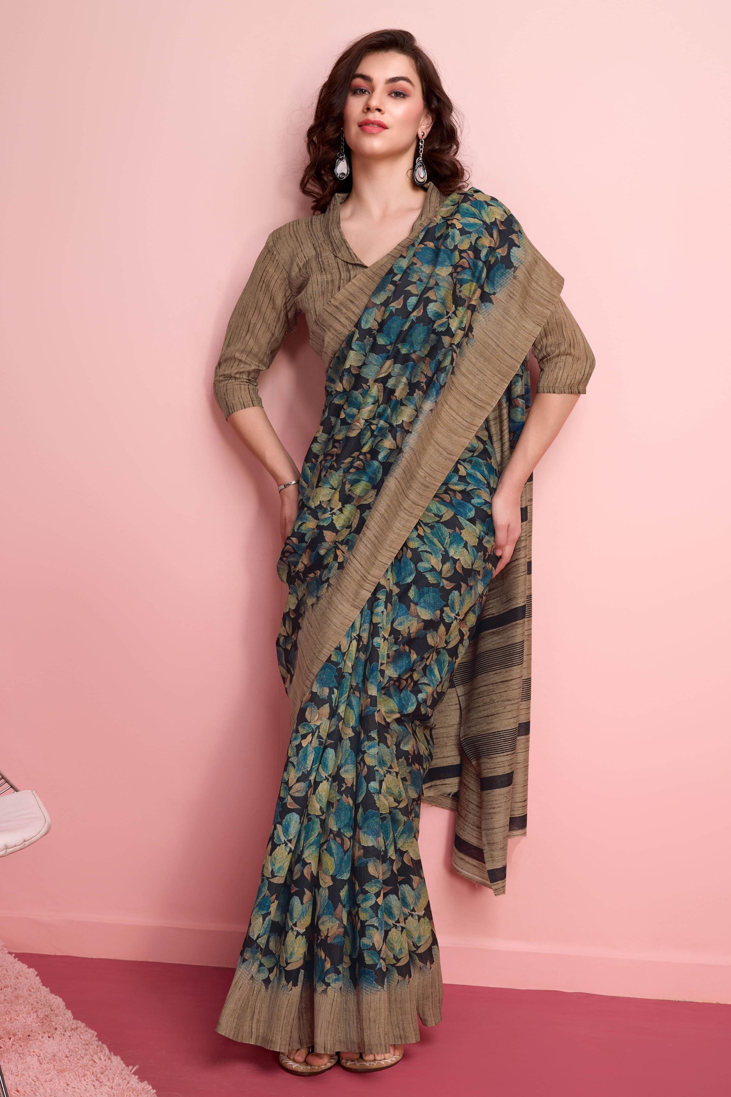 Abstract Floral Prints Cotton Silk Saree