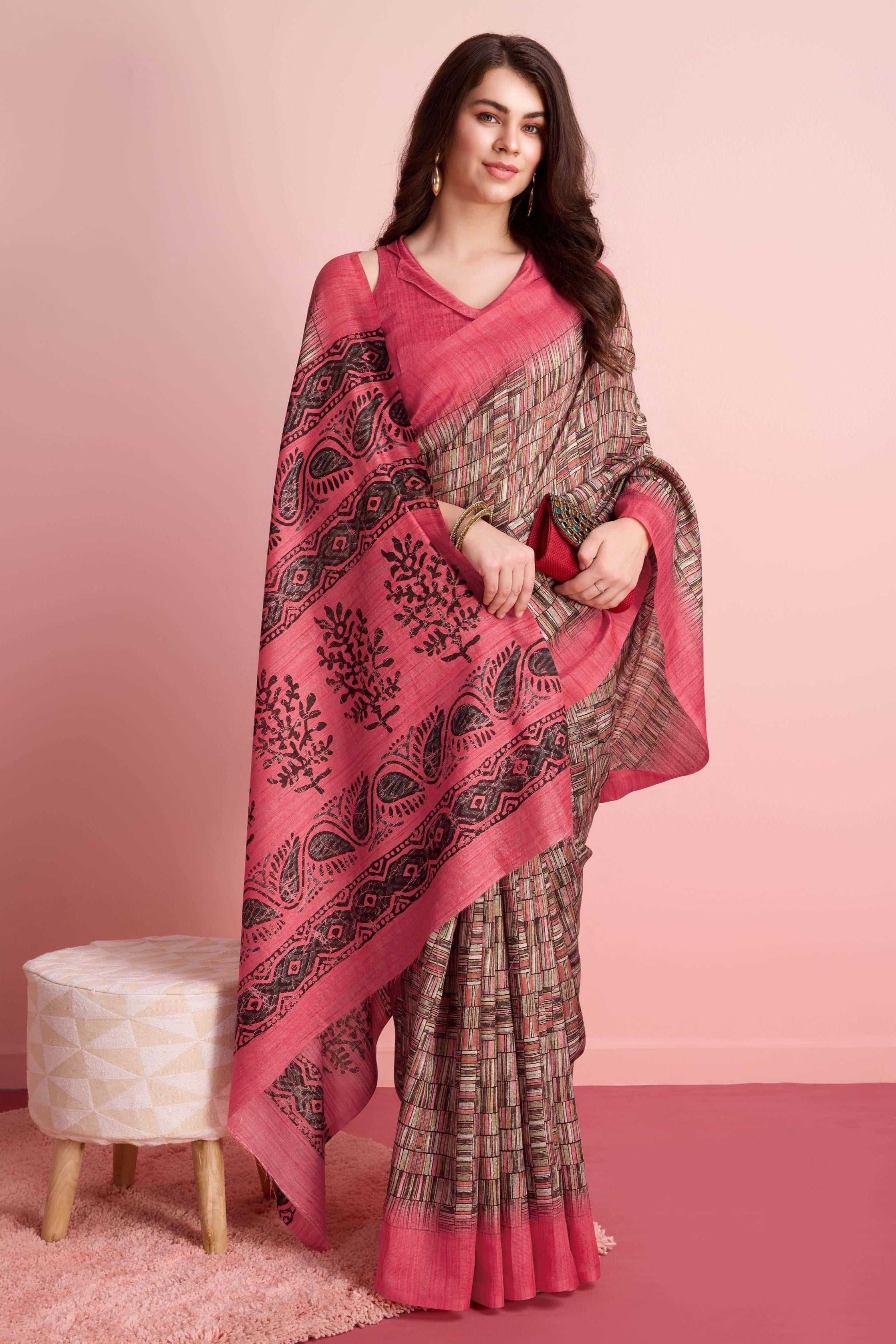 Abstract Floral Prints Cotton Silk Saree