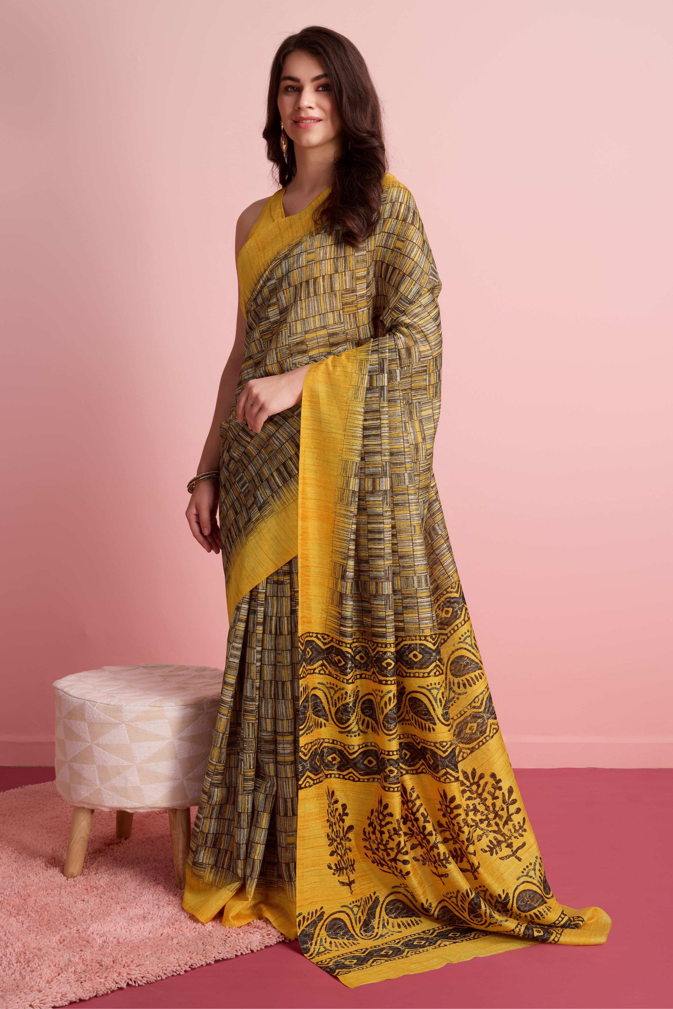 Abstract Floral Prints Cotton Silk Saree