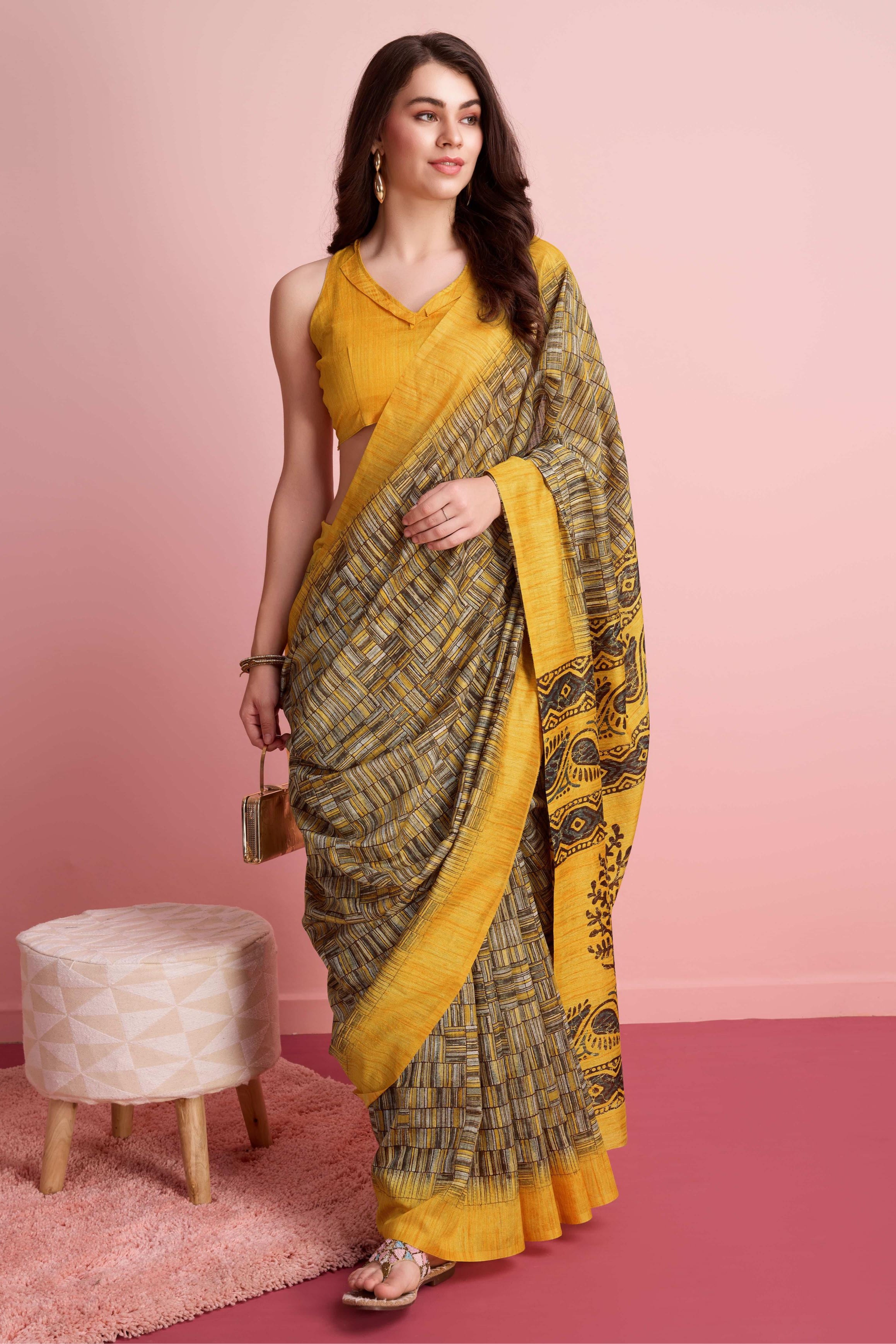 Abstract Floral Prints Cotton Silk Saree