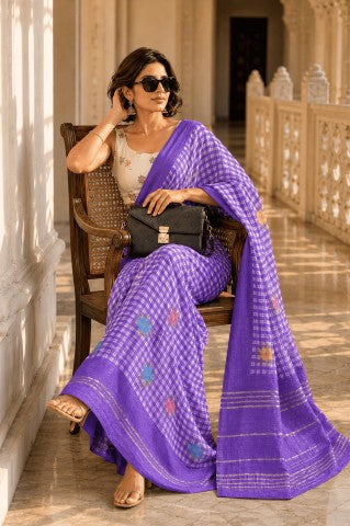 Purple Floral Checked Linen Blend Party Wear Saree