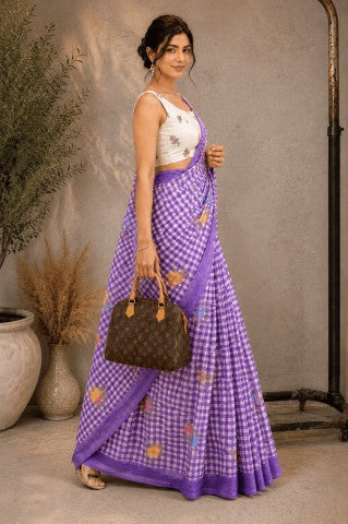 Purple Floral Checked Linen Blend Party Wear Saree