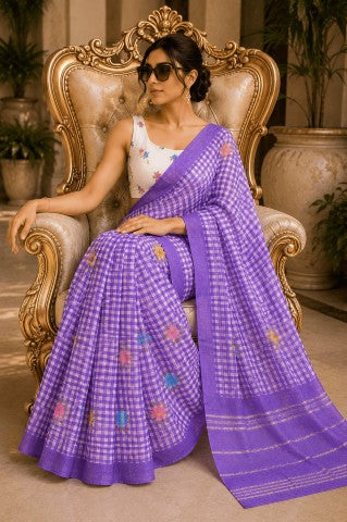 Purple Floral Checked Linen Blend Party Wear Saree