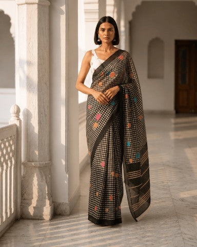 Black Checked Linen Blend Party Wear Saree
