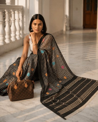 Black Checked Linen Blend Party Wear Saree