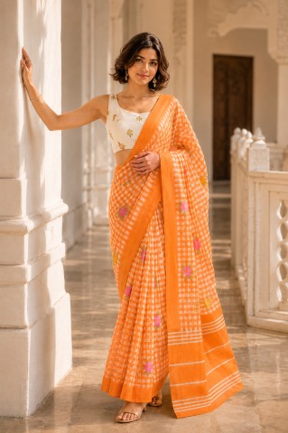 Orange Checked Printed Linen Blend Party Wear Saree