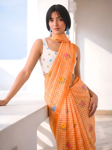 Orange Checked Printed Linen Blend Party Wear Saree