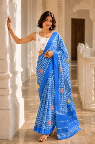 Blue Checked Printed Linen Blend Party Wear Saree
