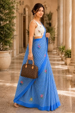 Blue Checked Printed Linen Blend Party Wear Saree