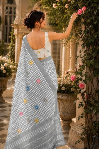 Grey Checked Printed Linen Blend Party Wear Saree