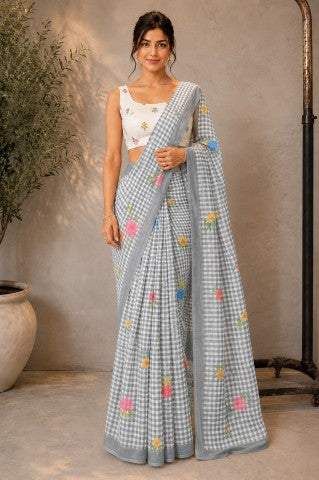 Grey Checked Printed Linen Blend Party Wear Saree
