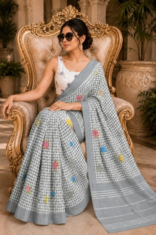 Grey Checked Printed Linen Blend Party Wear Saree