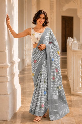 Grey Checked Printed Linen Blend Party Wear Saree