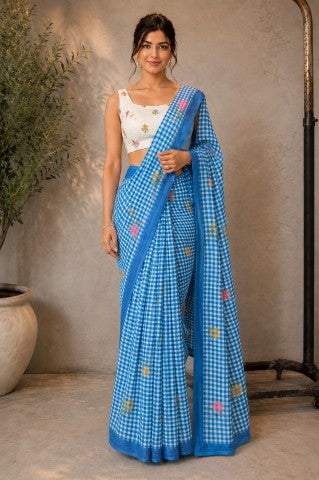 Blue Color Checked Printed Linen Blend Party Wear Saree