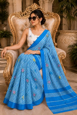 Blue Color Checked Printed Linen Blend Party Wear Saree