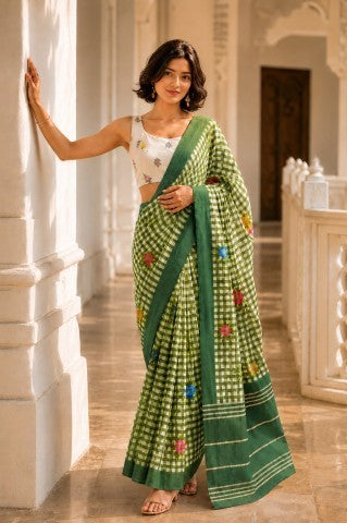 Green Checked Printed Linen Blend Party Wear Saree