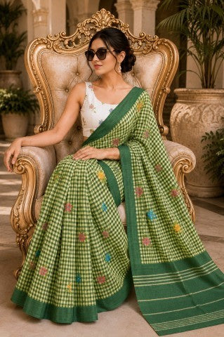 Green Checked Printed Linen Blend Party Wear Saree
