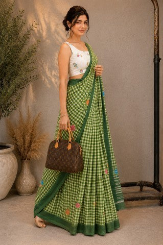 Green Checked Printed Linen Blend Party Wear Saree