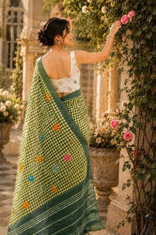Green Checked Printed Linen Blend Party Wear Saree