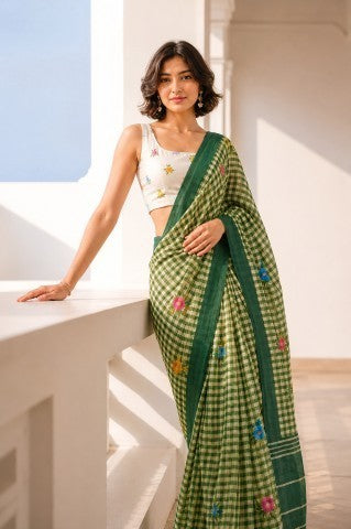 Green Checked Printed Linen Blend Party Wear Saree