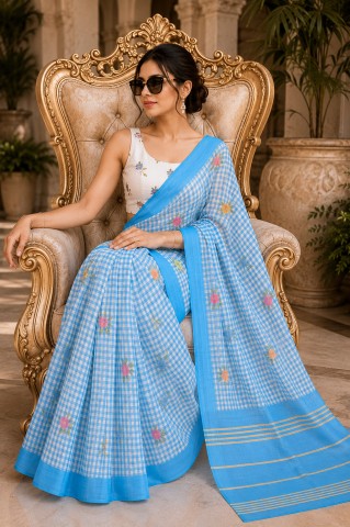 Sky Blue Checked Printed Linen Blend Party Wear Saree