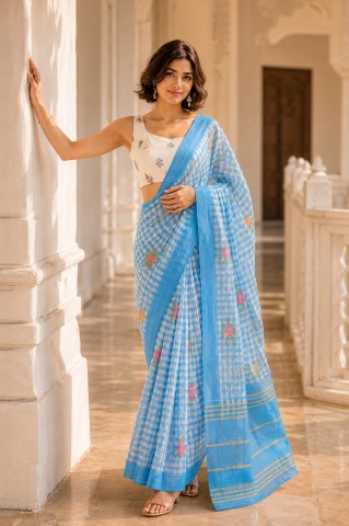 Sky Blue Checked Printed Linen Blend Party Wear Saree