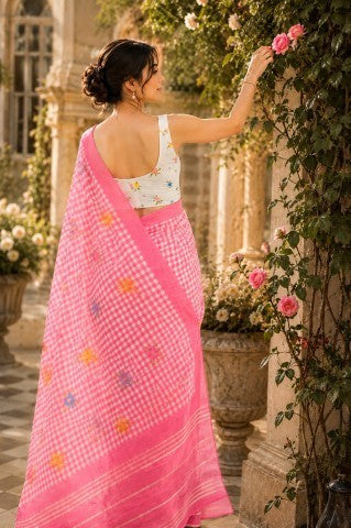 Pink Checked Printed Linen Blend Party Wear Saree